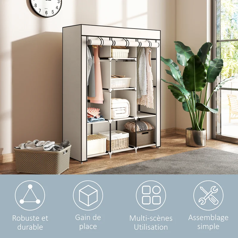 Armoire penderie 125 x 43 x 162,5 cm 8 étagères 2 barres anti poussière chambre moderne pratique en non tissé crème 21_0005816