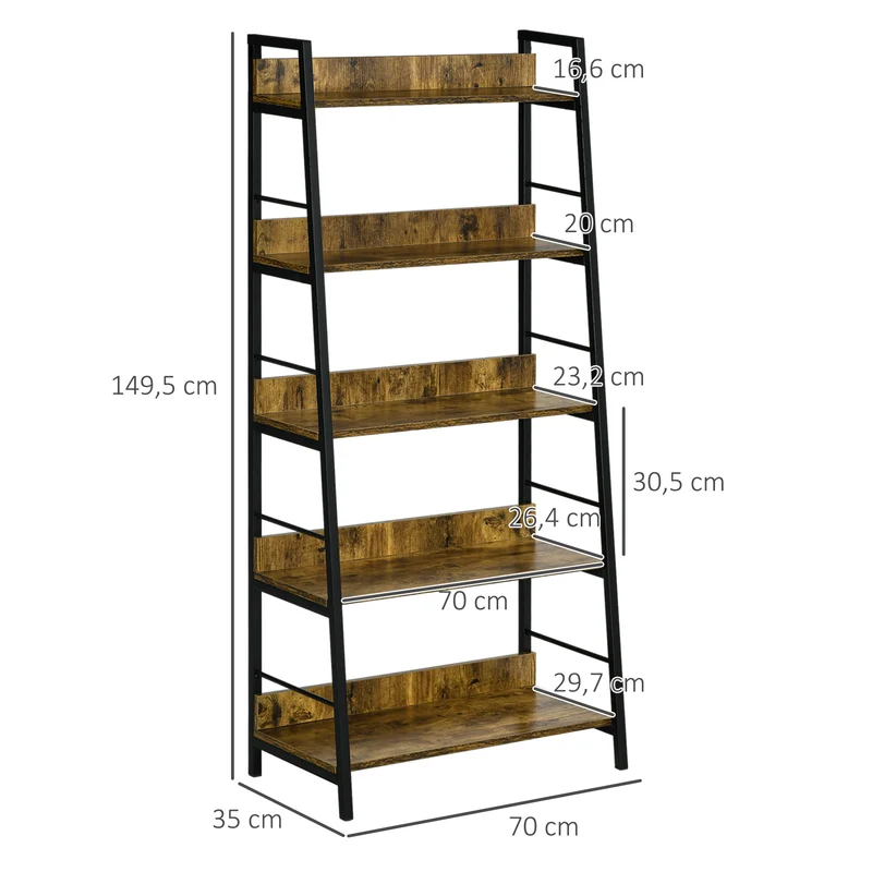 Étagère bibliothèque inclinée 5 niveaux 70 x 35 x 150 cm grand rangement pour salon industriel rustique en MDF marron 21_0002375
