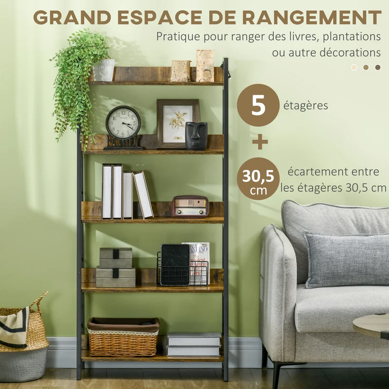Étagère bibliothèque inclinée 5 niveaux 70 x 35 x 150 cm grand rangement pour salon industriel rustique en MDF marron 21_0002375
