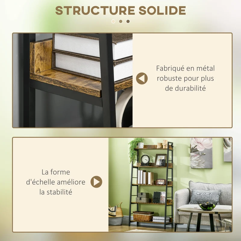 Étagère bibliothèque inclinée 5 niveaux 70 x 35 x 150 cm grand rangement pour salon industriel rustique en MDF marron 21_0002375