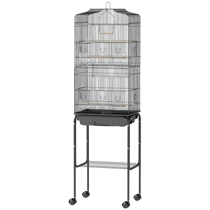 Volière sur pied mobile 46.5 x 36 x 157 cm 3 perchoirs plateau amovible ambiance cosy style contemporain en acier noir 21_0007558
