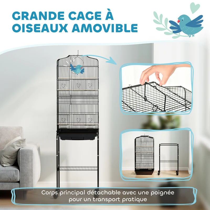 Volière sur pied mobile 46.5 x 36 x 157 cm 3 perchoirs plateau amovible ambiance cosy style contemporain en acier noir 21_0007558