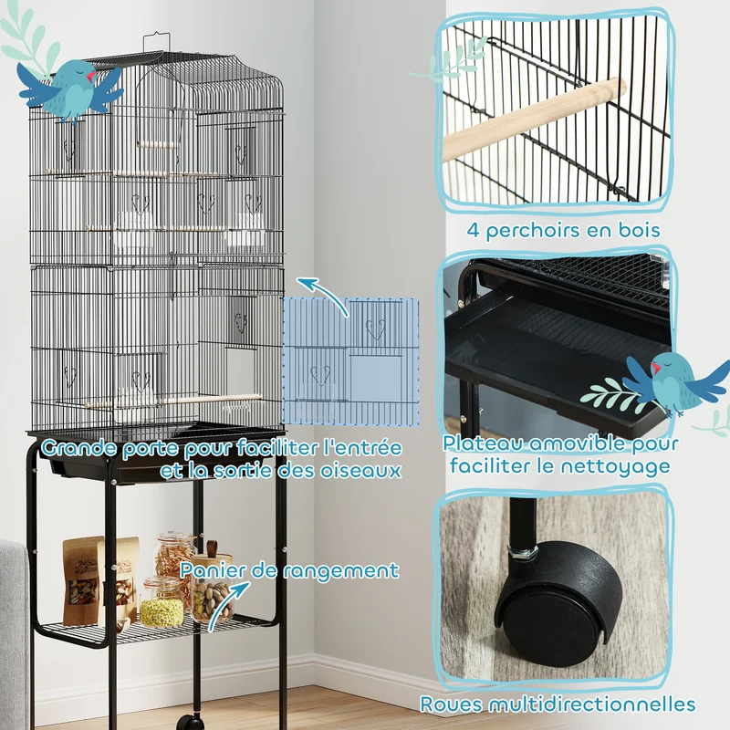 Volière sur pied mobile 46.5 x 36 x 157 cm 3 perchoirs plateau amovible ambiance cosy style contemporain en acier noir 21_0007558
