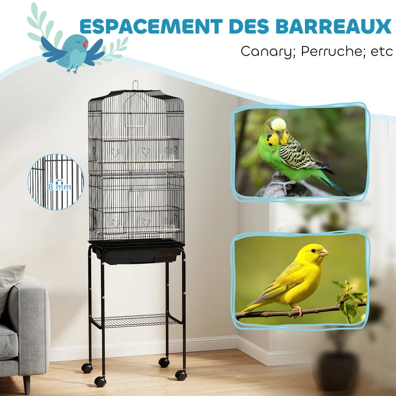Volière sur pied mobile 46.5 x 36 x 157 cm 3 perchoirs plateau amovible ambiance cosy style contemporain en acier noir 21_0007558