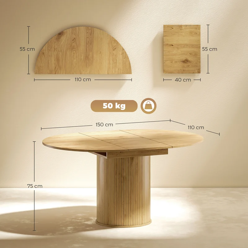 Table à manger extensible ovale 150 x 110 x 75 cm rallonges dissimulées bords arrondis rustique en MDF bois naturel 21_0003316