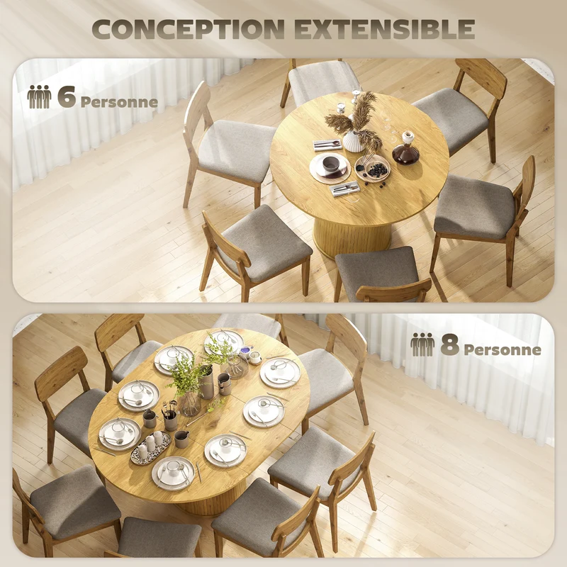 Table à manger extensible ovale 150 x 110 x 75 cm rallonges dissimulées bords arrondis rustique en MDF bois naturel 21_0003316
