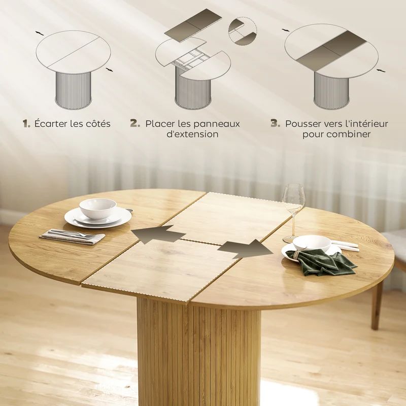 Table à manger extensible ovale 150 x 110 x 75 cm rallonges dissimulées bords arrondis rustique en MDF bois naturel 21_0003316
