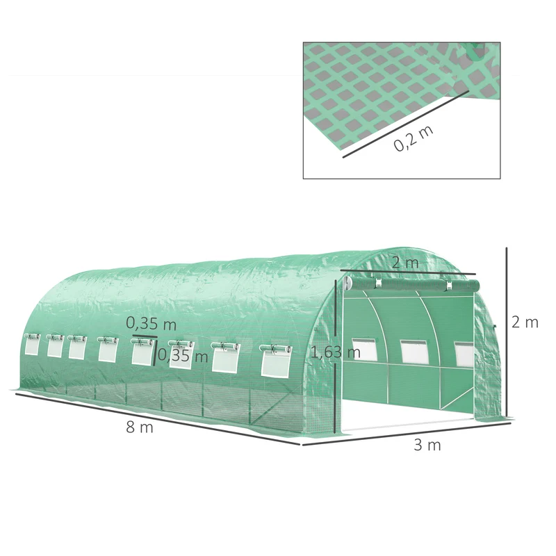 Serre de jardin tunnel 800 x 300 x 200 cm protection anti uv anti oiseaux solide style contemporain en polyéthylène vert 21_0005406