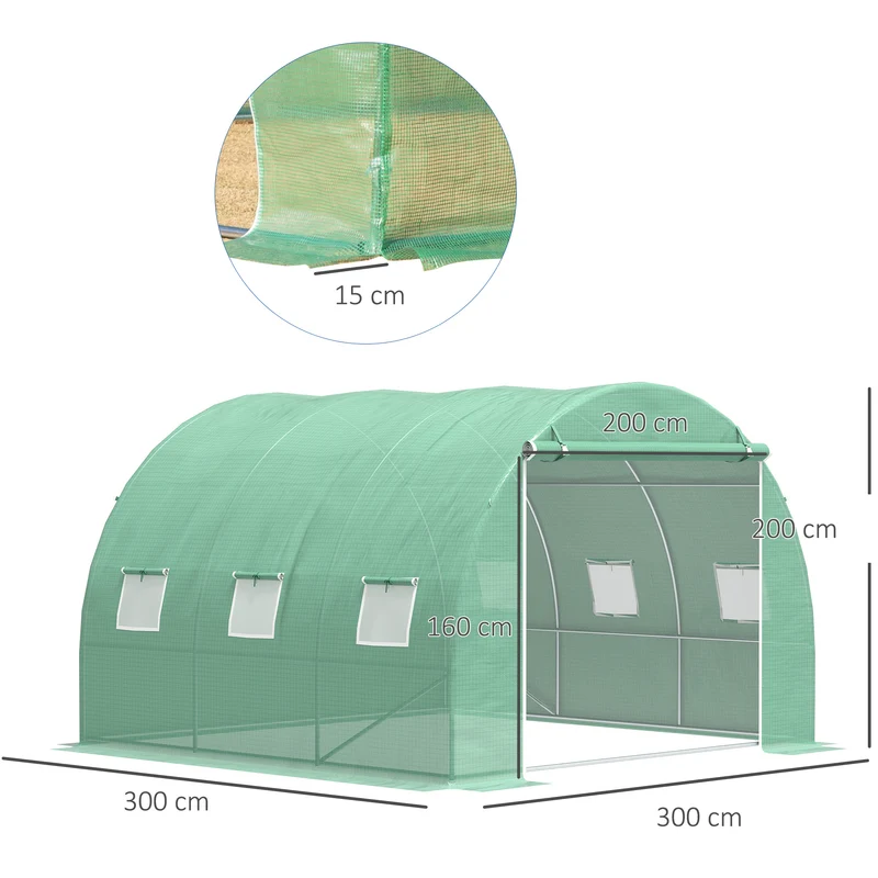 Serre de jardin tunnel 300 x 300 x 200 cm anti uv aération 6 fenêtres porte zippée robuste moderne en polyéthylène vert 21_0004177