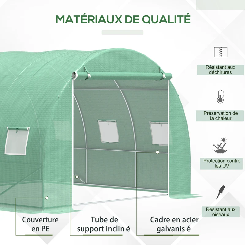 Serre de jardin tunnel 300 x 300 x 200 cm anti uv aération 6 fenêtres porte zippée robuste moderne en polyéthylène vert 21_0004177
