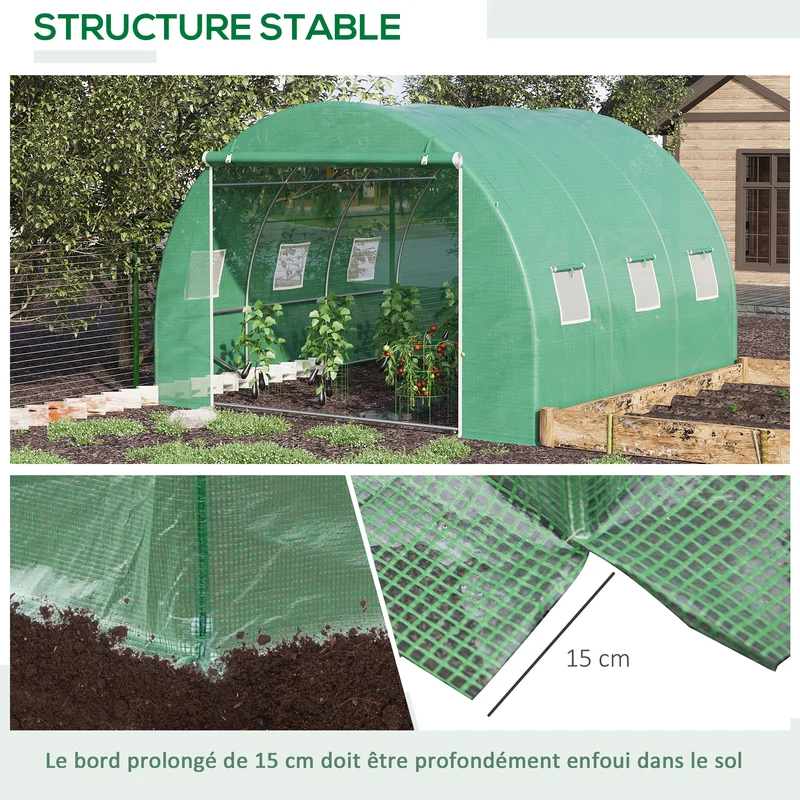 Serre de jardin tunnel 300 x 300 x 200 cm anti uv aération 6 fenêtres porte zippée robuste moderne en polyéthylène vert 21_0004177
