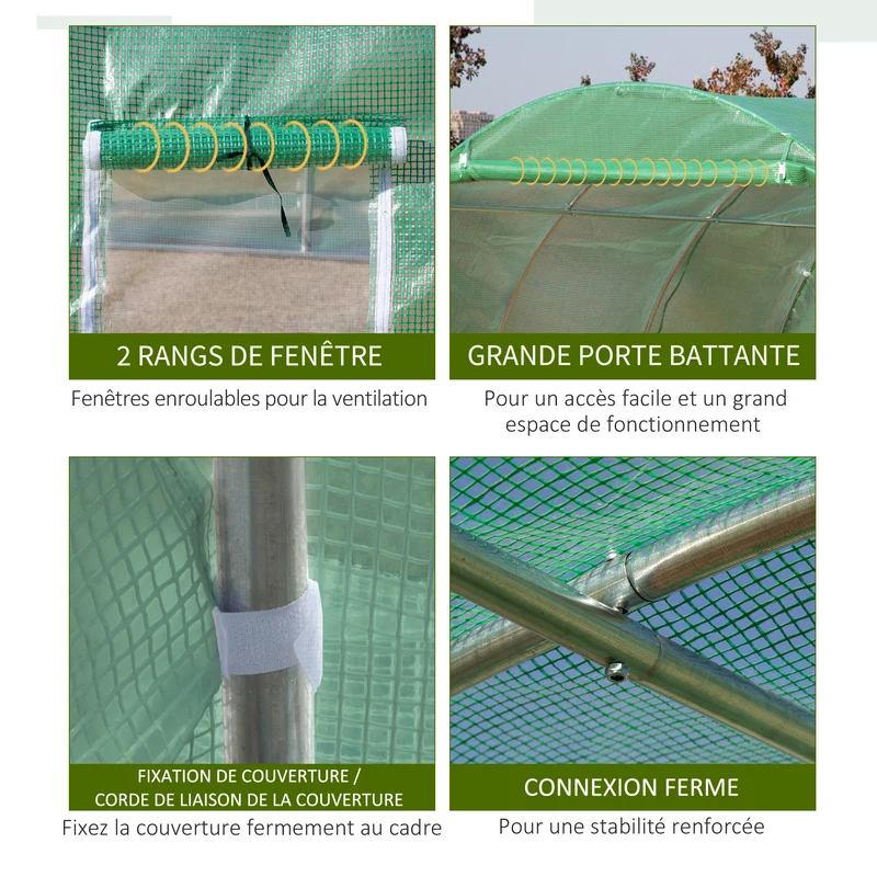 Serre de jardin tunnel 300 x 300 x 200 cm anti uv aération 6 fenêtres porte zippée robuste moderne en polyéthylène vert 21_0004177
