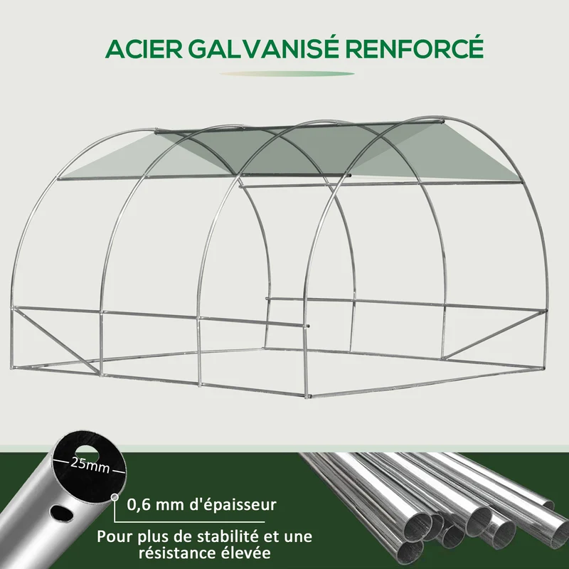 Serre de jardin tunnel 300 x 300 x 200 cm anti uv aération 6 fenêtres porte zippée robuste moderne en polyéthylène vert 21_0004177