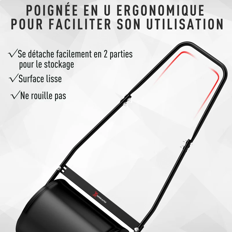 Rouleau à gazon manuel jardin 50 x 32 x 108 cm manche ergonomique démontable lestage 30 l léger industriel en acier noir 21_0004130