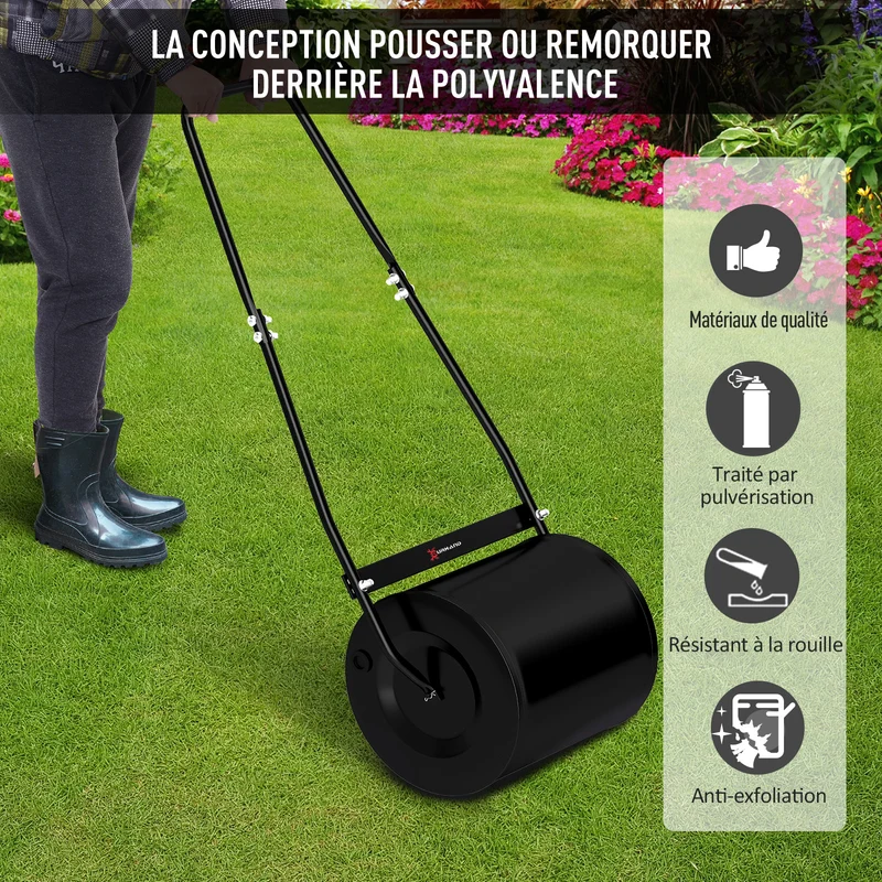Rouleau à gazon manuel jardin 50 x 32 x 108 cm manche ergonomique démontable lestage 30 l léger industriel en acier noir 21_0004130