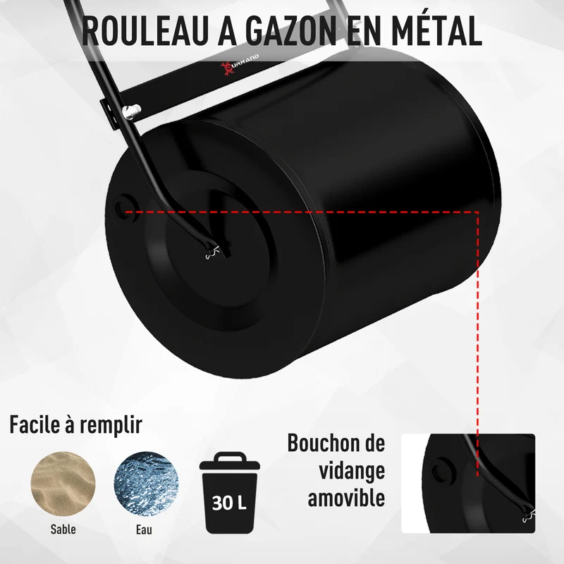 Rouleau à gazon manuel jardin 50 x 32 x 108 cm manche ergonomique démontable lestage 30 l léger industriel en acier noir 21_0004130