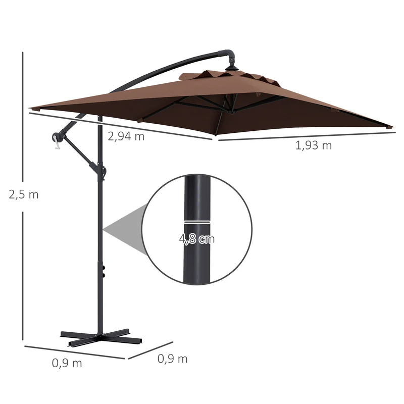 Parasol déporté rectangulaire 294 x 193 x 250 cm manivelle 6 baleines maintien toile contemporain en polyester marron 21_0005071