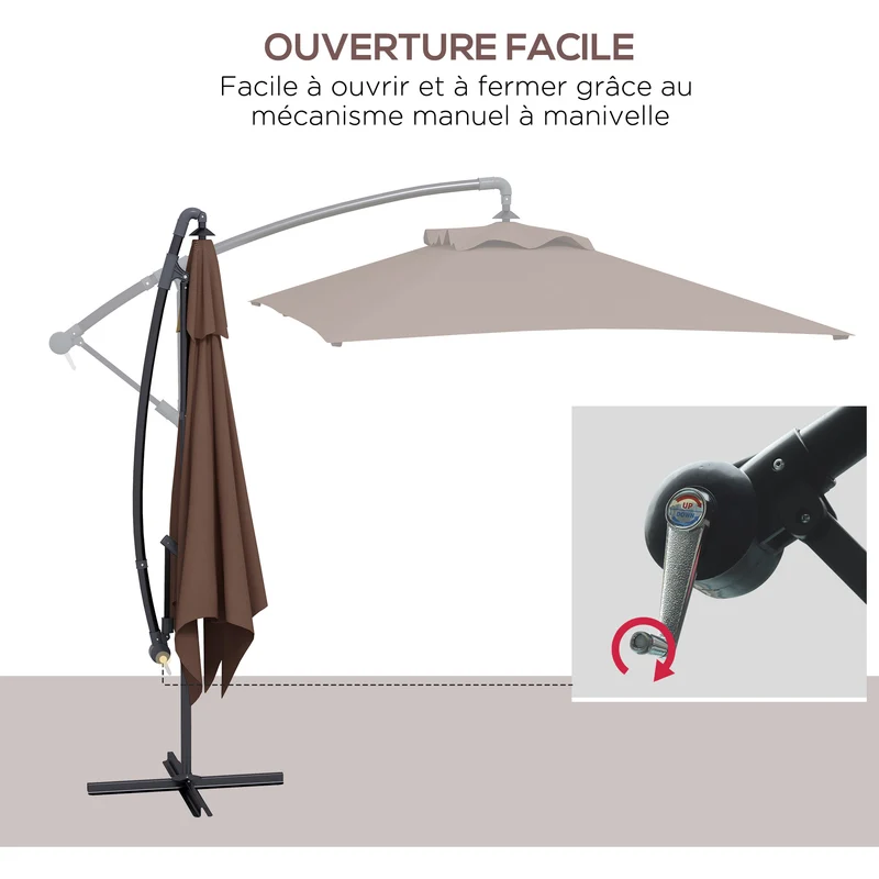 Parasol déporté rectangulaire 294 x 193 x 250 cm manivelle 6 baleines maintien toile contemporain en polyester marron 21_0005071