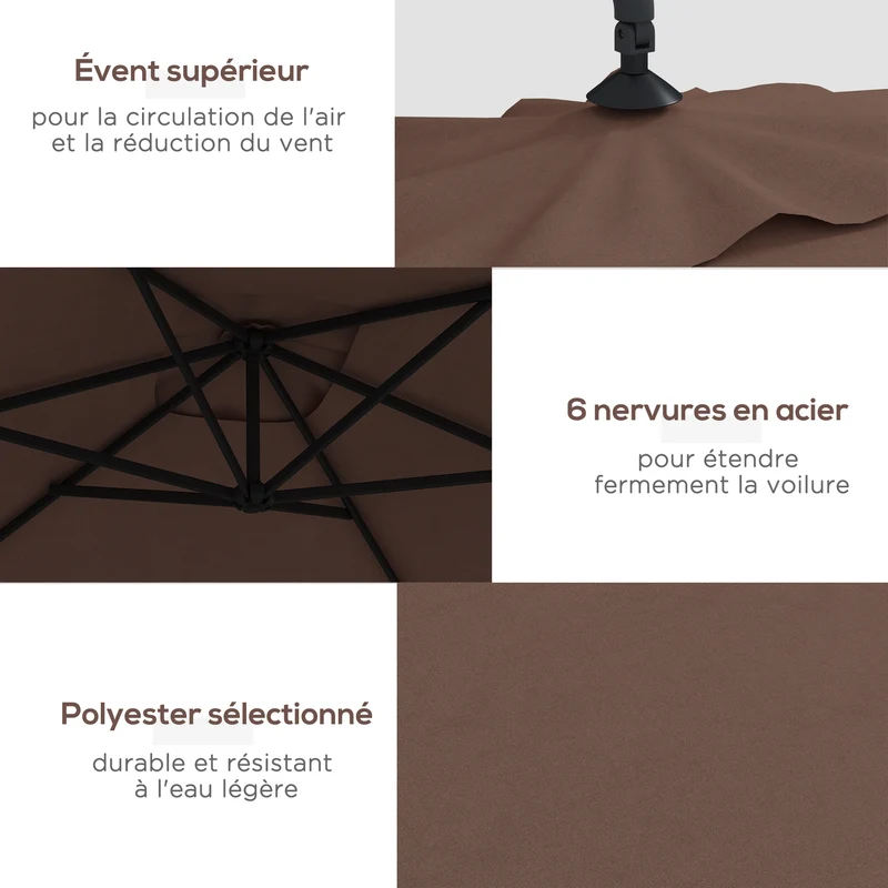Parasol déporté rectangulaire 294 x 193 x 250 cm manivelle 6 baleines maintien toile contemporain en polyester marron 21_0005071