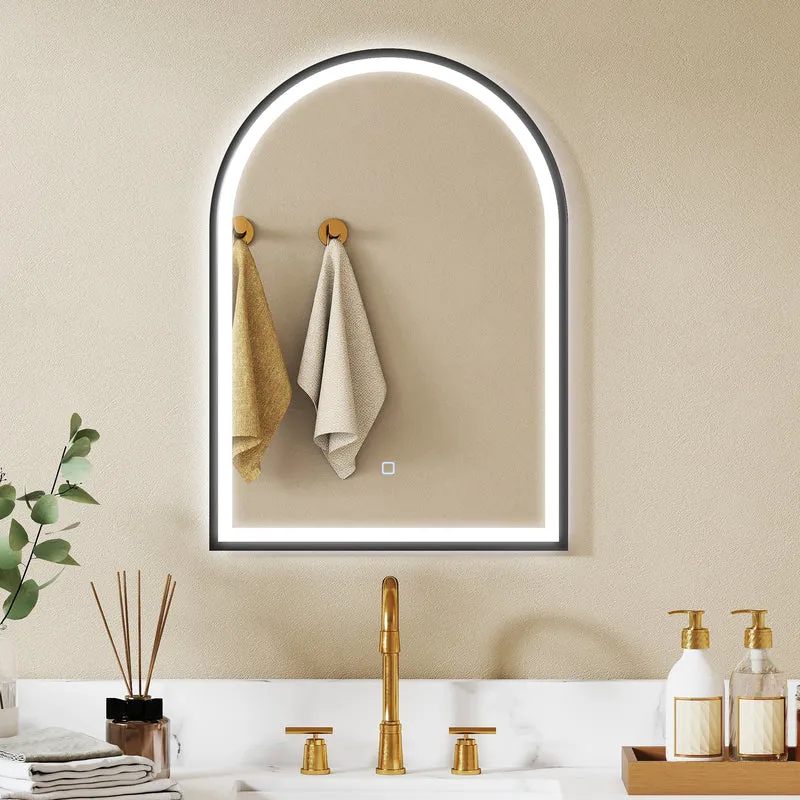 Miroir salle de bain arqué 50 x 70 x 4 cm anti-buée et luminosité réglable moderne épuré finition mate en aluminium noir 21_0002117