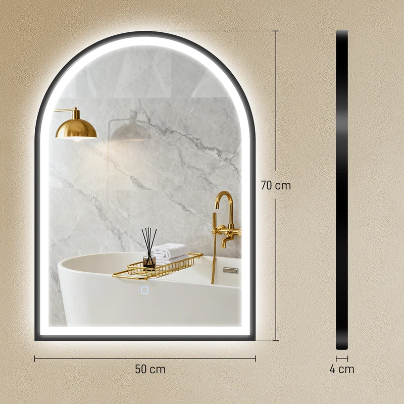 Miroir salle de bain arqué 50 x 70 x 4 cm anti-buée et luminosité réglable moderne épuré finition mate en aluminium noir 21_0002117