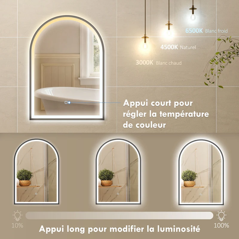 Miroir salle de bain arqué 50 x 70 x 4 cm anti-buée et luminosité réglable moderne épuré finition mate en aluminium noir 21_0002117
