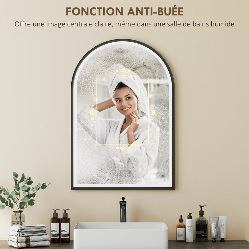 Miroir salle de bain arqué 50 x 70 x 4 cm anti-buée et luminosité réglable moderne épuré finition mate en aluminium noir 21_0002117