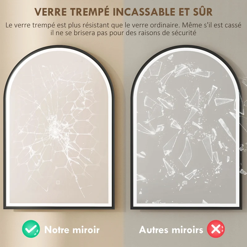Miroir salle de bain arqué 50 x 70 x 4 cm anti-buée et luminosité réglable moderne épuré finition mate en aluminium noir 21_0002117
