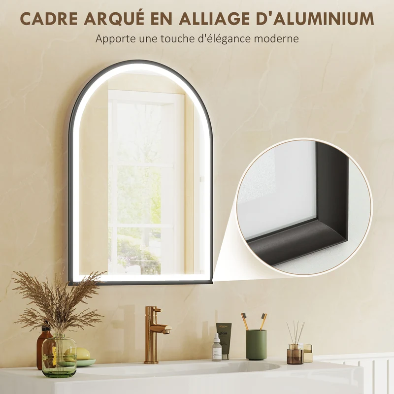 Miroir salle de bain arqué 50 x 70 x 4 cm anti-buée et luminosité réglable moderne épuré finition mate en aluminium noir 21_0002117