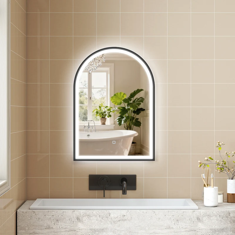Miroir salle de bain arqué 50 x 70 x 4 cm anti-buée et luminosité réglable moderne épuré finition mate en aluminium noir 21_0002117