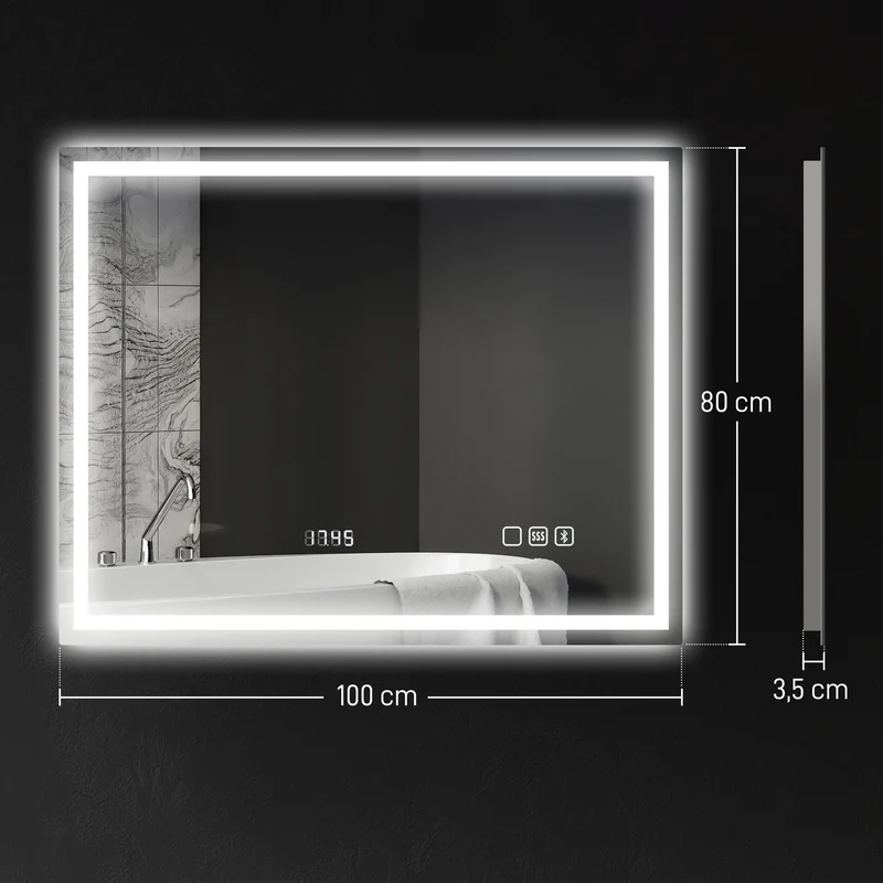 Miroir salle de bain 100 x 80 x 3,5 cm mural éclairage réglable 3 couleurs anti-buée moderne épuré en verre trempé argent 21_0002089