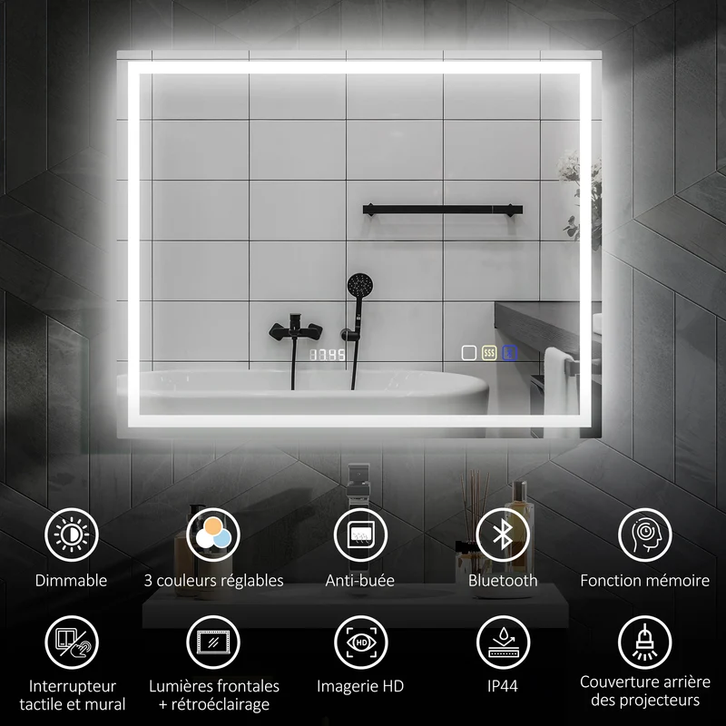 Miroir salle de bain 100 x 80 x 3,5 cm mural éclairage réglable 3 couleurs anti-buée moderne épuré en verre trempé argent 21_0002089