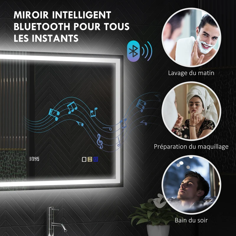 Miroir salle de bain 100 x 80 x 3,5 cm mural éclairage réglable 3 couleurs anti-buée moderne épuré en verre trempé argent 21_0002089