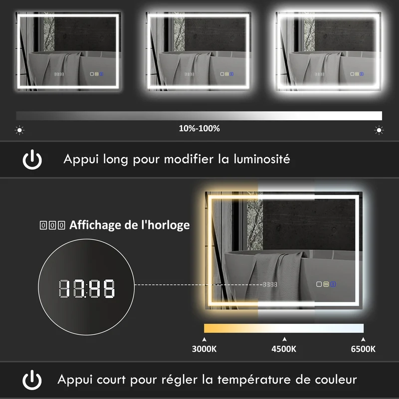 Miroir salle de bain 100 x 80 x 3,5 cm mural éclairage réglable 3 couleurs anti-buée moderne épuré en verre trempé argent 21_0002089