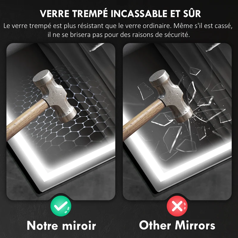 Miroir salle de bain 100 x 80 x 3,5 cm mural éclairage réglable 3 couleurs anti-buée moderne épuré en verre trempé argent 21_0002089