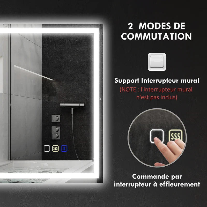 Miroir salle de bain 100 x 80 x 3,5 cm mural éclairage réglable 3 couleurs anti-buée moderne épuré en verre trempé argent 21_0002089