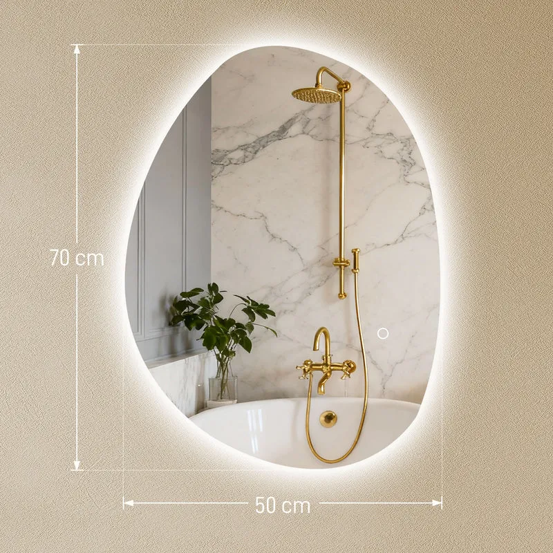 Miroir de salle de bain asymétrique mural 70 x 50 cm led réglable anti-buée design contemporain en verre trempé argent 21_0002053