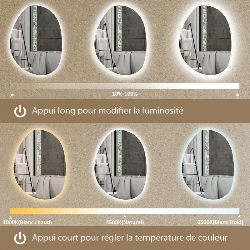 Miroir de salle de bain asymétrique mural 70 x 50 cm led réglable anti-buée design contemporain en verre trempé argent 21_0002053