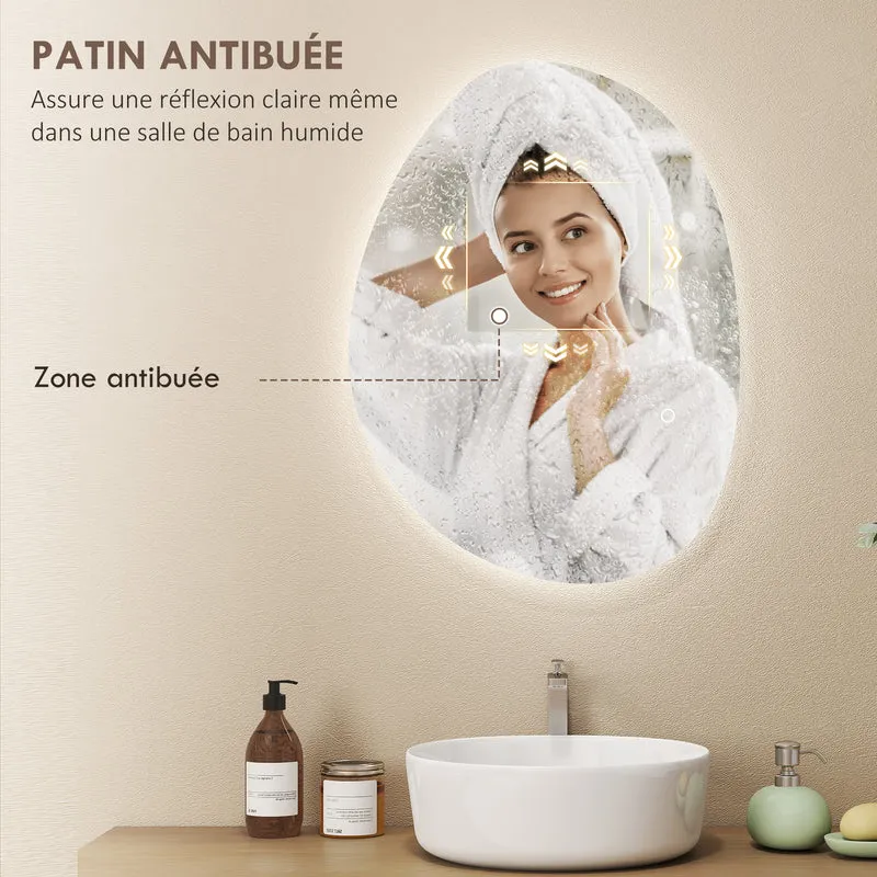Miroir de salle de bain asymétrique mural 70 x 50 cm led réglable anti-buée design contemporain en verre trempé argent 21_0002053