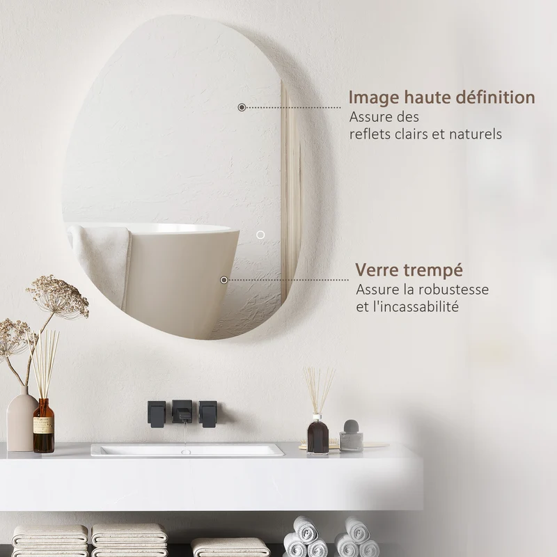 Miroir de salle de bain asymétrique mural 70 x 50 cm led réglable anti-buée design contemporain en verre trempé argent 21_0002053