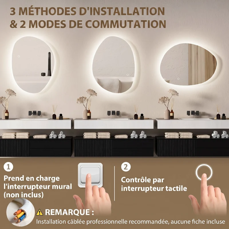 Miroir de salle de bain asymétrique mural 70 x 50 cm led réglable anti-buée design contemporain en verre trempé argent 21_0002053