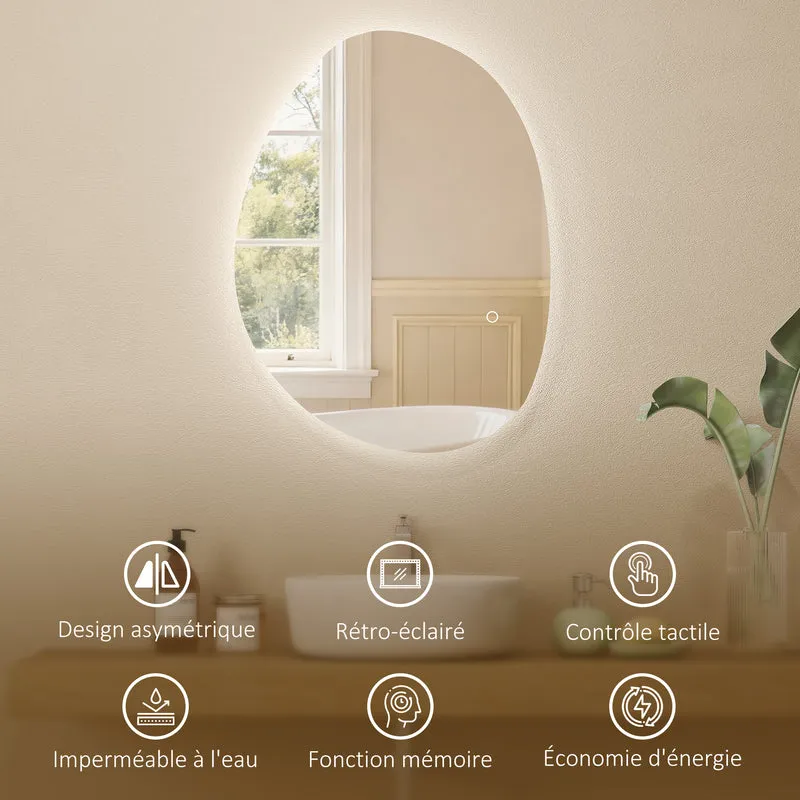 Miroir de salle de bain asymétrique mural 70 x 50 cm led réglable anti-buée design contemporain en verre trempé argent 21_0002053