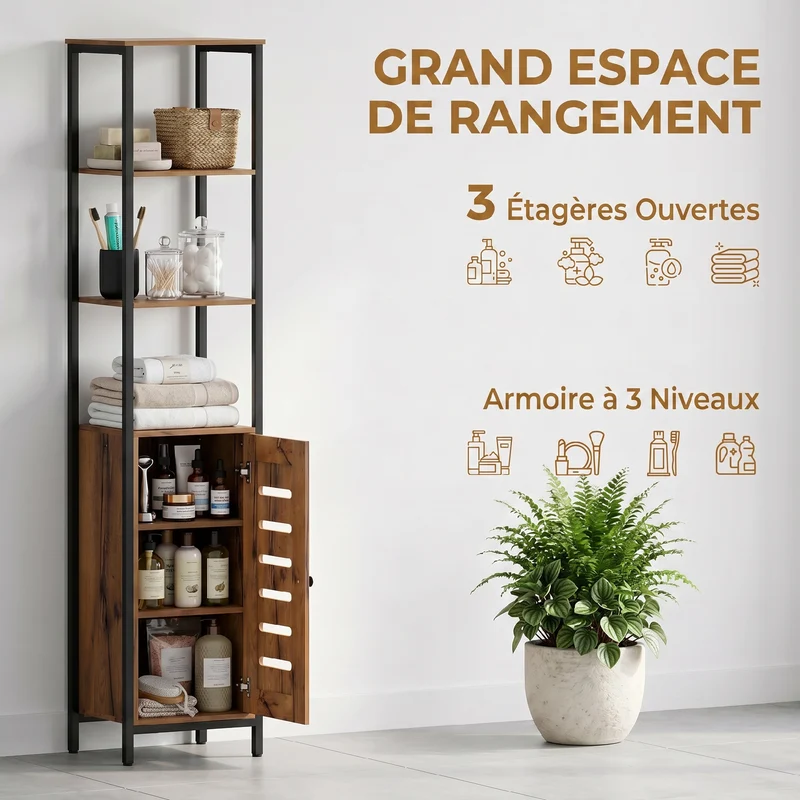 Meuble colonne salle de bain 37 x 30 x 167 cm gain de place étagères réglables industriel en panneau de particules marron 21_0001966