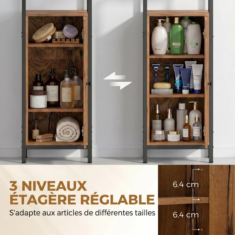 Meuble colonne salle de bain 37 x 30 x 167 cm gain de place étagères réglables industriel en panneau de particules marron 21_0001966
