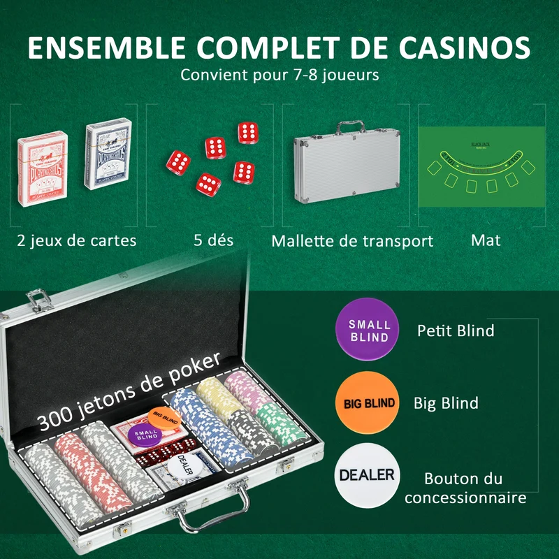 Mallette poker complète tournoi 38,5 x 23 x 6,5 cm verrouillable transportable 7 à 8 joueurs moderne en aluminium argent 21_0006654