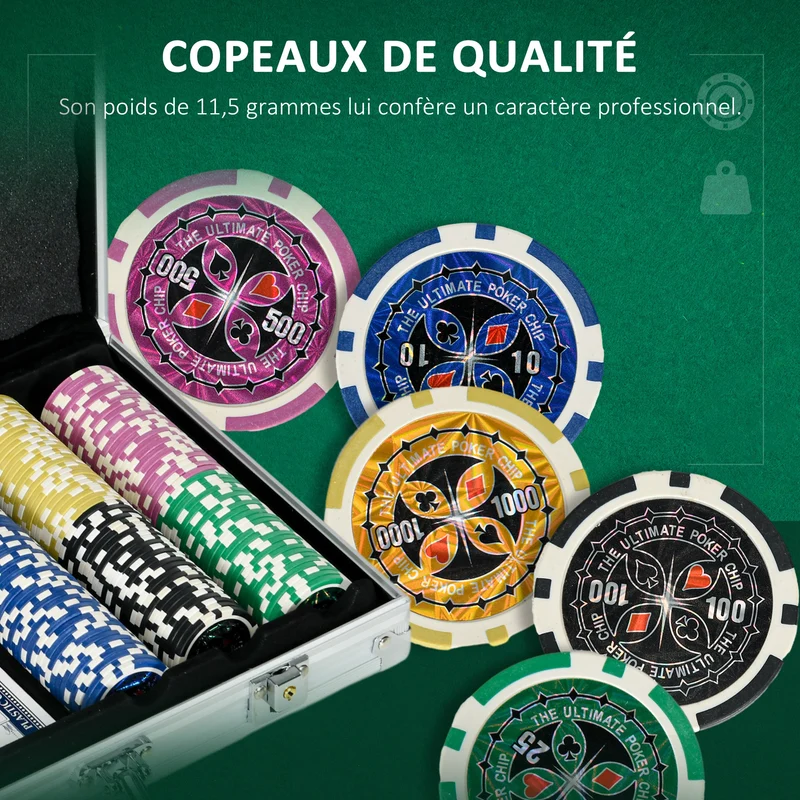 Mallette poker complète tournoi 38,5 x 23 x 6,5 cm verrouillable transportable 7 à 8 joueurs moderne en aluminium argent 21_0006654