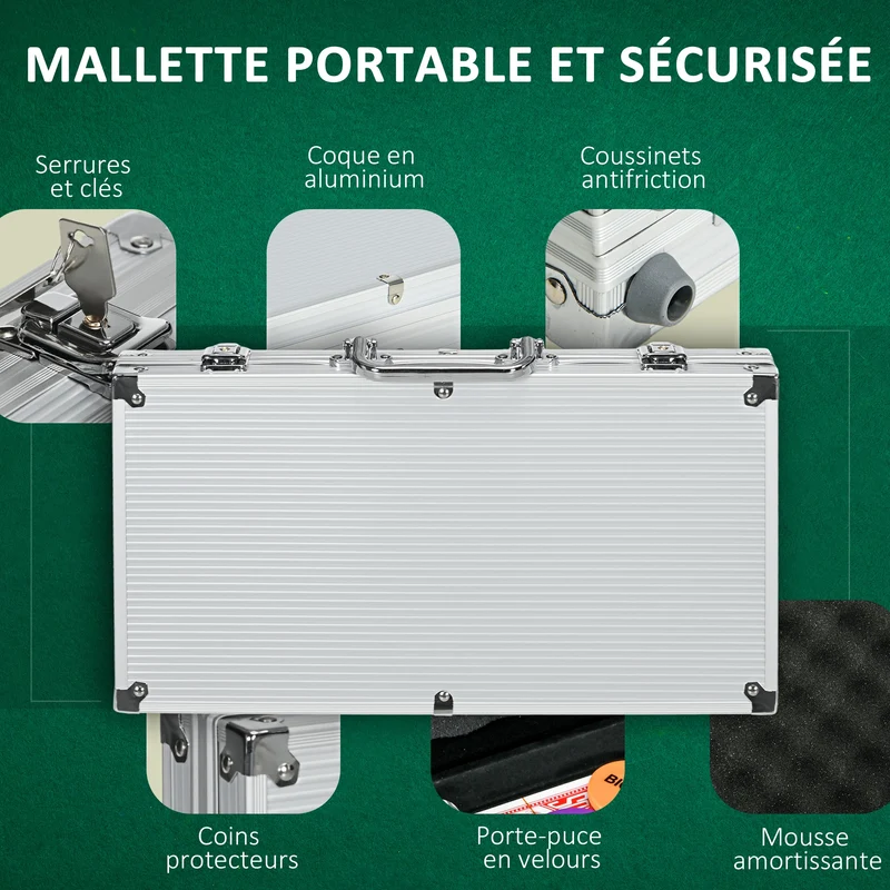Mallette poker complète tournoi 38,5 x 23 x 6,5 cm verrouillable transportable 7 à 8 joueurs moderne en aluminium argent 21_0006654