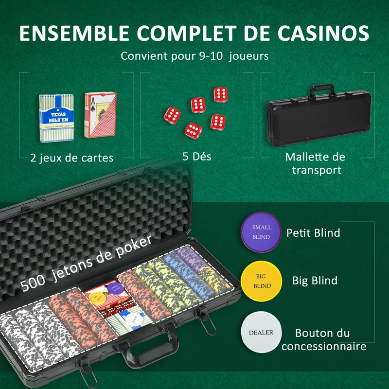 Mallette de poker complète 57.5 x 24 x 10.5 cm 500 jetons et accessoires design épuré idéal tournoi en aluminium noir 21_0006653