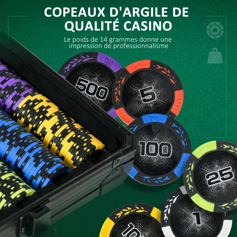 Mallette de poker complète 57.5 x 24 x 10.5 cm 500 jetons et accessoires design épuré idéal tournoi en aluminium noir 21_0006653