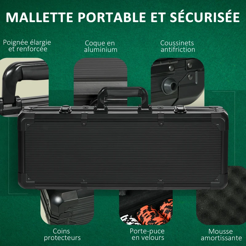 Mallette de poker complète 57.5 x 24 x 10.5 cm 500 jetons et accessoires design épuré idéal tournoi en aluminium noir 21_0006653